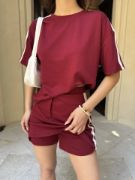 Osy Modal Yumuşak Dokulu Kumaş Parçalı Bisiklet Yaka T-shirt Mini Şortlu Etek İkili Takım -Bordo resmi